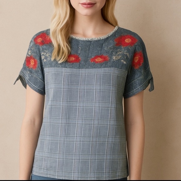 THML Tops - Gray Plaid Top Red Floral Embroidery Short Sleeve Casual Blouse by THML medium